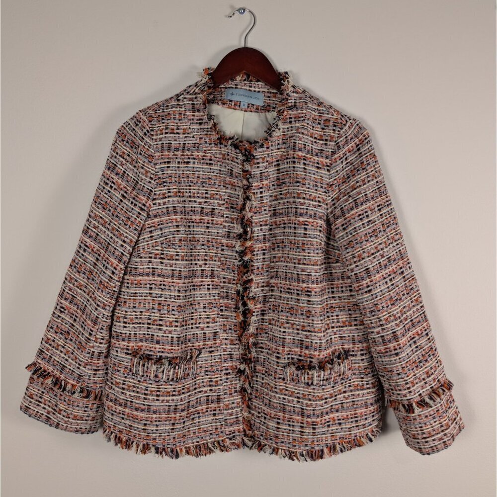 Tuckernuck Tweed Jacket Women's Sz M Multicolored Fringe Trim Pockets Lined